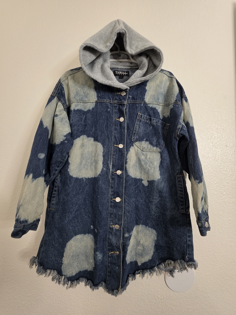 Thrill Jeans Womens Bleach Splatter Acid Wash Hooded Denim Jacket Size Large - Picture 5 of 16